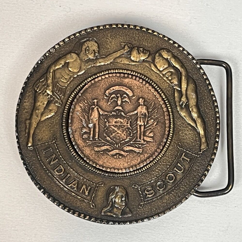 Vintage Indiana Scout Brass Belt Buckle State Seal Copper Tone Western 3 Inch